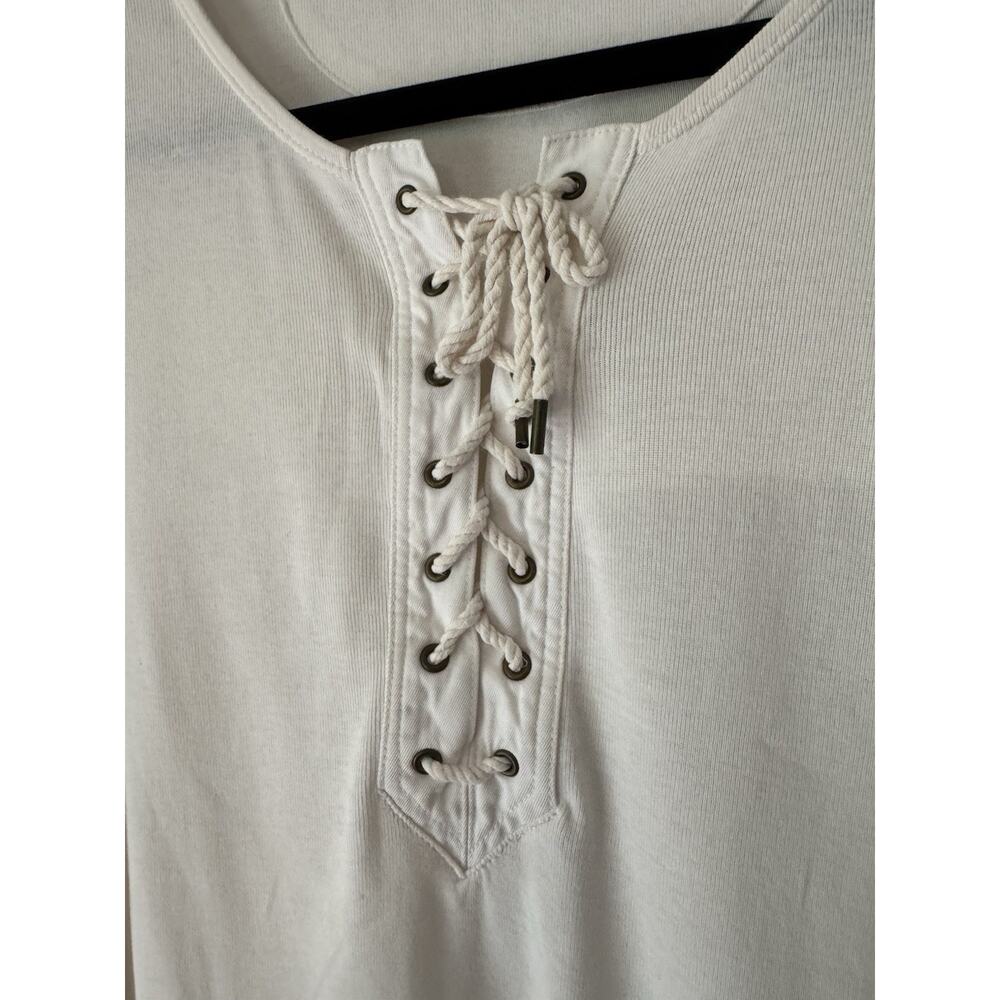 Ralph Lauren Ivory Lace Up Neck Long Sleeve Tshirt Medium - Picture 3 of 7
